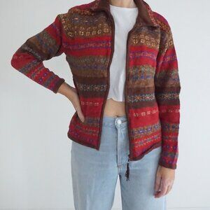 Vintage Tiara International Brown Red Nordic Stripe Zip Knit Preppy Sweater  L